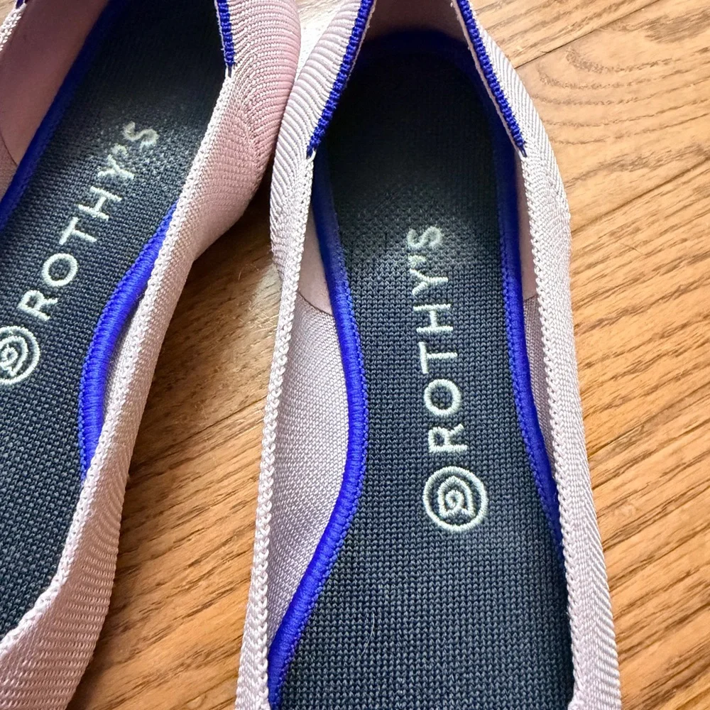 Rothy's Blush Pointed Knit Flats with Blue Trim - Picture 2 of 5
